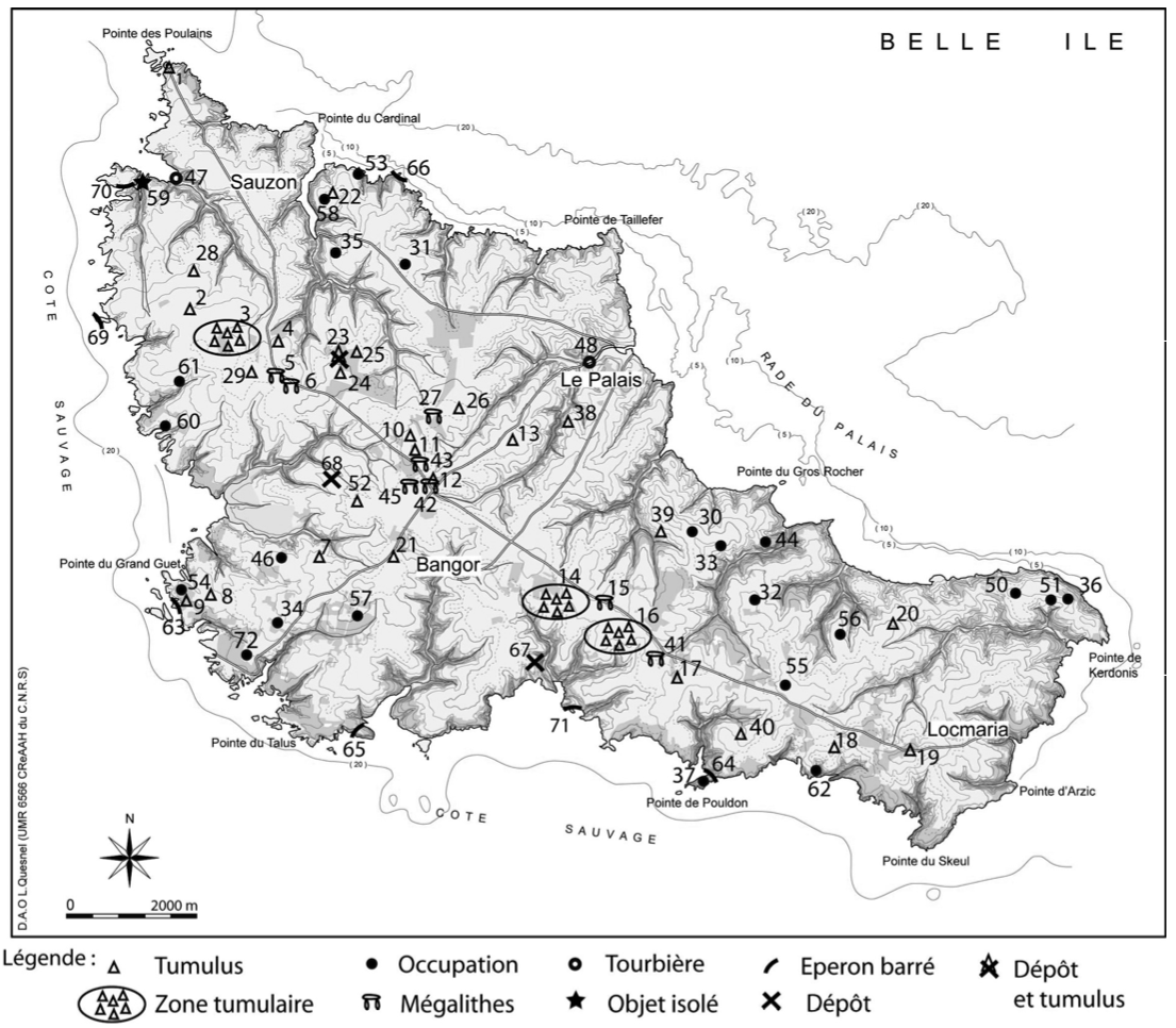 Carte de répartition des sites pré et protohistoriques à Belle-Île-en-Mer (DAO L. Quesnel, complété par L. Audouard.)